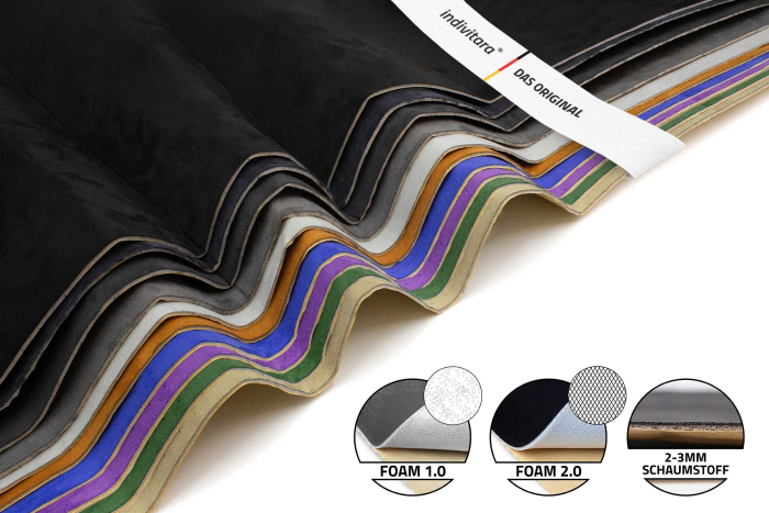 indivitara® Premium Foam – Self-adhesive laminated microfiber fabric – Premium quality – Sold by the metre – Various colours – With foam backing